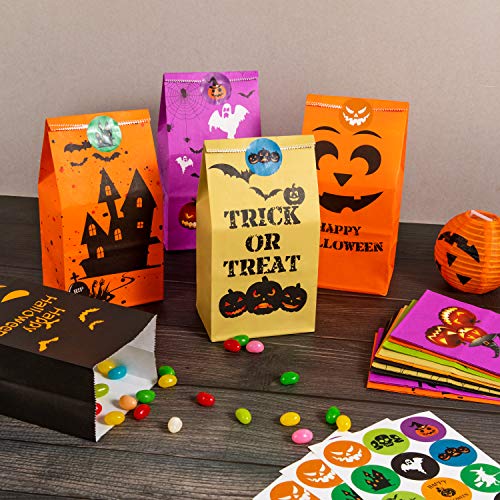 Bolsas de golosinas de Halloween para fiestas - 50 bolsas de dulces de Halloween para niños para trucos o golosinas + 60 pegatinas de Halloween，bolsas de regalos de Halloween, suministros para fiestas