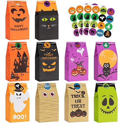 Bolsas de golosinas de Halloween para fiestas - 50 bolsas de dulces de Halloween para niños para trucos o golosinas + 60 pegatinas de Halloween，bolsas de regalos de Halloween, suministros para fiestas