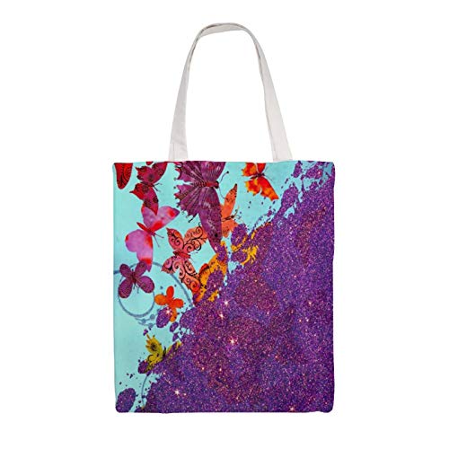 Bolsas de lona, coloridas mariposas brillantes y purpurina morada reutilizables bolsas de compras lavables y ecológicas con asas de 15 pulgadas por 16 pulgadas