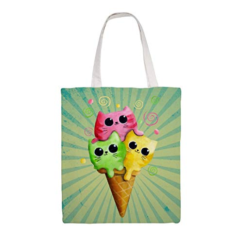 Bolsas de lona, lindo gatito gato helado reutilizable bolsas de compras de comestibles lavables y ecológicas bolsas de hombro con asas de 15 pulgadas por 16 pulgadas