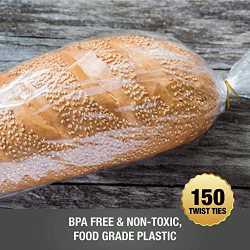 Bolsas de pan de plástico transparente para bollos, panes y baguettes para hornear en casa y mantenerlos frescos con corbatas doradas (paquete de 150) (45 cm x 20 cm x 10 cm)