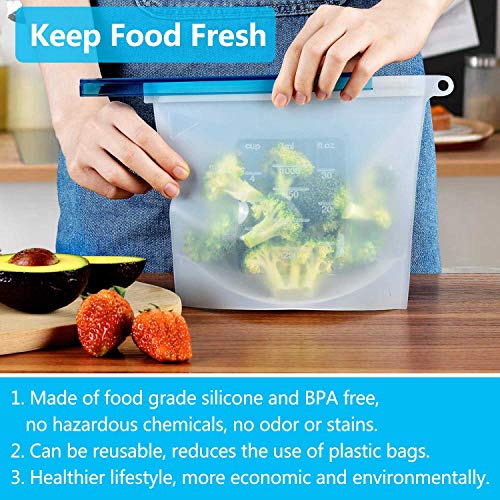 Bolsas de Silicona Reutilizables, 4 Piezas Bolsa de Almacenamiento Silicona Comida Preservación y Congelación Para Hermética Fruta Sopa de Verduras Leche Carne Resistente a Fugas, Libre de BPA (1 L)