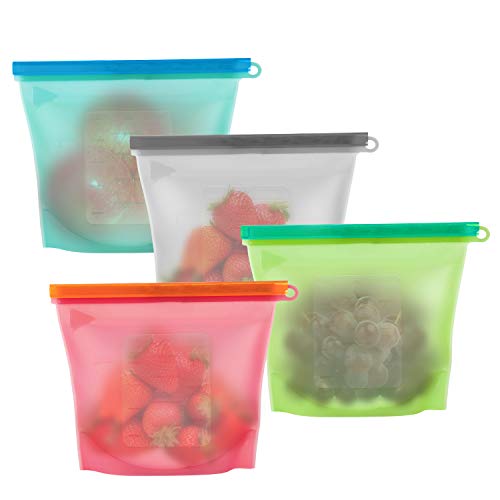 Bolsas de Silicona Reutilizables para Almacenamiento de Alimentos,WolinTek 4 Piezas Alimentos Bolsa de Almacenamiento,100% a Prueba de Fugas y Libre de BPA