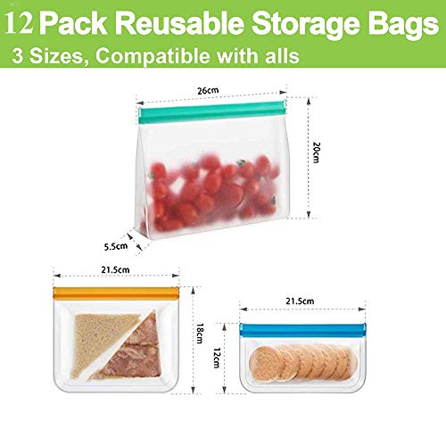 Bolsas Reutilizables para Almacenamiento de Alimentos 12 Piezas, Bolsas de Silicona Reutilizables de 3 Tamaños para Bocadillo, Sándwiches, Fruta, Verduras, Súper Grueso Sello Bolsas Congelar Sin BPA