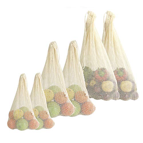 Bolsas vegetales de algodón orgánico - Juego de 6 | Bolsas de supermercado reutilizables | Bolsas de producción ecológica | De malla de algodón con cordón | 3 tamaños | M&W