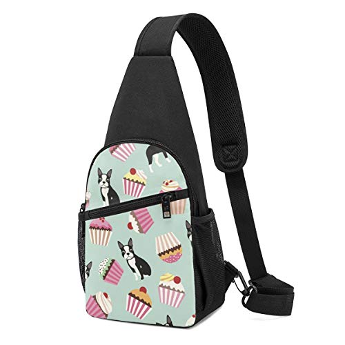 Bolso Bandolera Liviano Lindo Pequeño Perro Boston Terrier con Diferentes Pastelitos Coloridos Paquete de Cofres para Hombres Uso Diario Bolsa Informal para Parques Al Aire Libre Compras Viajes