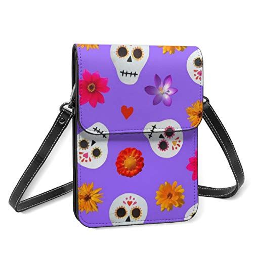 Bolso cruzado pequeño para mujer, diseño de calaveras de azúcar y flores, color morado