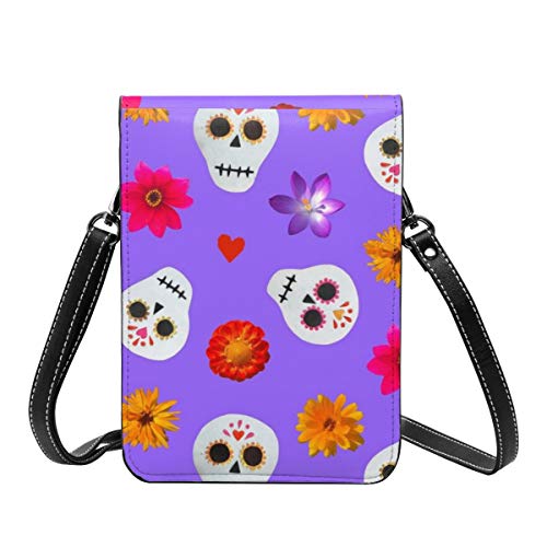 Bolso cruzado pequeño para mujer, diseño de calaveras de azúcar y flores, color morado