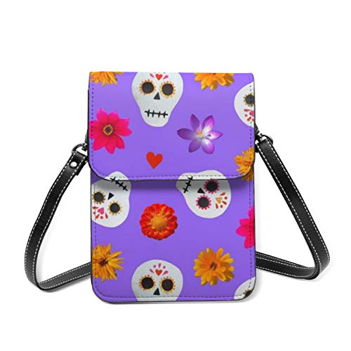 Bolso cruzado pequeño para mujer, diseño de calaveras de azúcar y flores, color morado