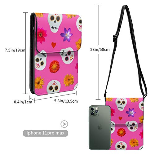 Bolso cruzado pequeño para mujer, diseño de calaveras de azúcar y flores, color rosa