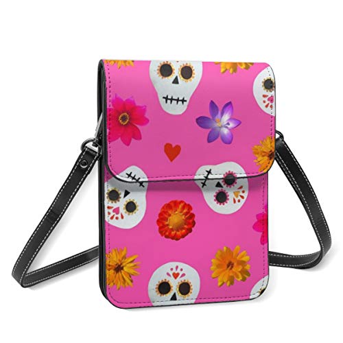 Bolso cruzado pequeño para mujer, diseño de calaveras de azúcar y flores, color rosa