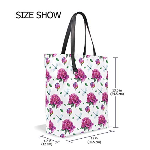 Bolso de hombro con correa de peso ligero Bolsos de mano Flor de peonías Bolso de mano de libélula para mujeres Niñas Damas Estudiante Monedero de sirena Compras