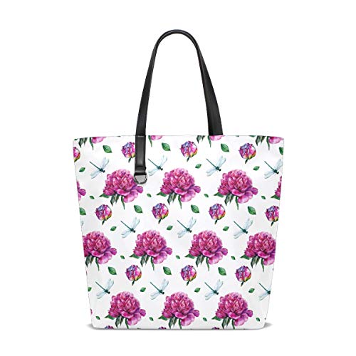 Bolso de hombro con correa de peso ligero Bolsos de mano Flor de peonías Bolso de mano de libélula para mujeres Niñas Damas Estudiante Monedero de sirena Compras