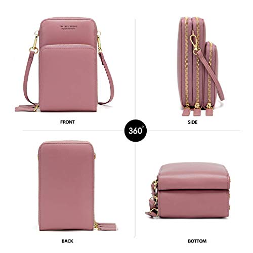 Bolso de teléfono móvil para mujer Monedero de cartera cruzada Mini bolso de teléfono celular cruzado de cuero ligero con ranuras para tarjeta de correa(Rosado)