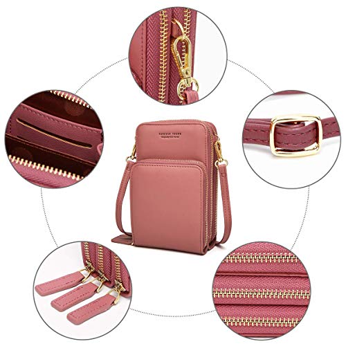 Bolso de teléfono móvil para mujer Monedero de cartera cruzada Mini bolso de teléfono celular cruzado de cuero ligero con ranuras para tarjeta de correa(Rosado)