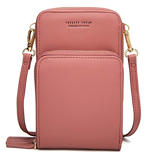 Bolso de teléfono móvil para mujer Monedero de cartera cruzada Mini bolso de teléfono celular cruzado de cuero ligero con ranuras para tarjeta de correa(Rosado)