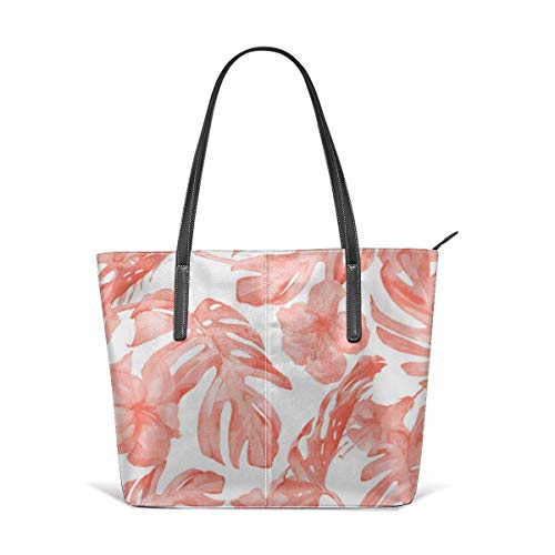 Bolsos de moda Tote Bag Top Handle Shoulder Bags Tropical hibiscus and palm leaves dark coral white Leather Tote Large Purse Shoulder Bag Portable Storage HandBags Convenient Shoppers Tote