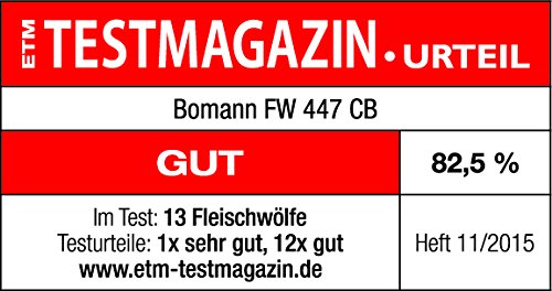 Bomann FW 447 CB Picadora de Carne eléctrica con Embutidora de Salchichas, engranaje metálico, 3 discos, 1200 W, Acero Inoxidable, plateado