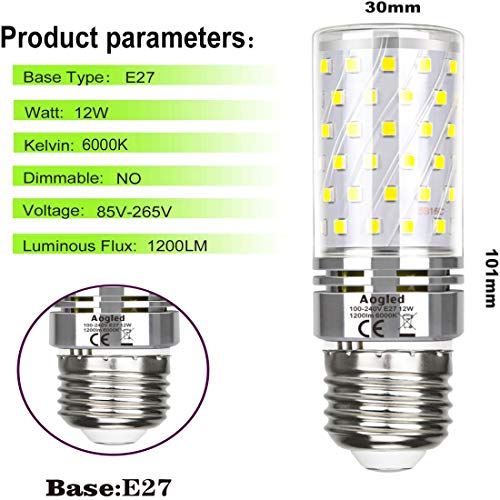 Bombilla Led E27 12w 6000k Aogled,Equivalente Lámpara Halógena De 100w,Blanco Frio 6000K,1200lm,ángulo 360,Tornillo Edison E27,No Regulable,Sin Parpadeo,Ac 85-265V,E27 Iluminación Led,4 Unidades