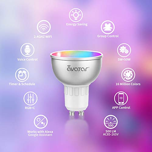 Bombilla LED WiFi Inteligente GU10 RGB Luces Fría 5W=50W Equivalente 500LM Lámpara Multicolor Regulable Ahorro de Energia No Requiere Hub Compatible con Alexa, Google Home y Smart Life,2 Pcs