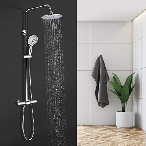 BONADE Columna de Ducha Termostática Sistema de Ducha Redondo Cromado con Termostato y Grifo de Bañera Barra Ajustable en Altura (87,9 - 139,9 cm) Conjunto de Ducha de Acero Inoxidable