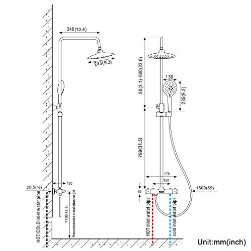 BONADE Columna de Ducha Termostática Sistema de Ducha Redondo Cromado con Termostato y Grifo de Bañera Barra Ajustable en Altura (87,9 - 139,9 cm) Conjunto de Ducha de Acero Inoxidable