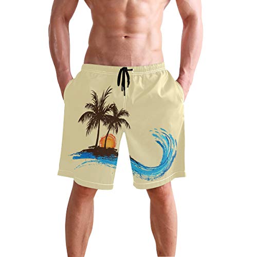 BONIPE - Bañador para hombre, estilo retro, con diseño de árbol de playa, secado rápido, con cordón y bolsillos Multicolor multicolor S