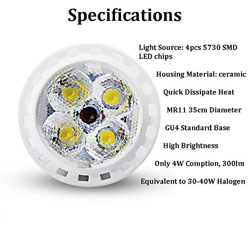 Bonlux 4W MR11 GU4 12V Bombilla LED Spot Lámpara con 300 Lúmen, 30W Equivalente (4-Unidades, Luz Fría 6000K)