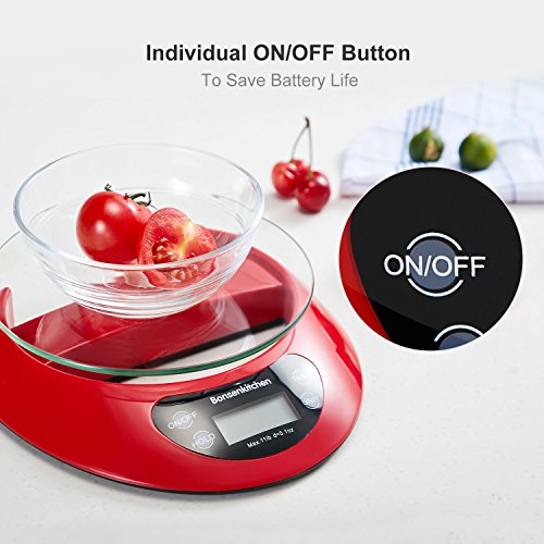 Bonsenkitchen Báscula Digital Balanza de Cocina Profesional, Escala de Peso de Alta Precisión con Vidrio Desmontable y Pantalla LCD - 5 kg / 11 lb, Báscula de Alimentos Electrónica Rojo (KS8802)