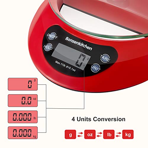 Bonsenkitchen Báscula Digital Balanza de Cocina Profesional, Escala de Peso de Alta Precisión con Vidrio Desmontable y Pantalla LCD - 5 kg / 11 lb, Báscula de Alimentos Electrónica Rojo (KS8802)