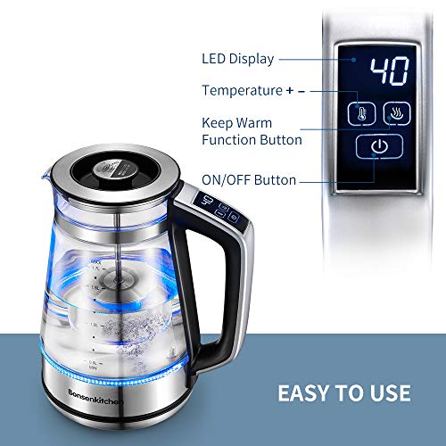 Bonsenkitchen Hervidor de Agua de Vidrio Eléctrico con Temperatura Regulable, Función de Mantener Caliente, Pantalla Táctil LED, Tetera 1.7L / 2200W