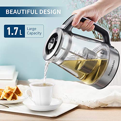 Bonsenkitchen Hervidor de Agua de Vidrio Eléctrico con Temperatura Regulable, Función de Mantener Caliente, Pantalla Táctil LED, Tetera 1.7L / 2200W