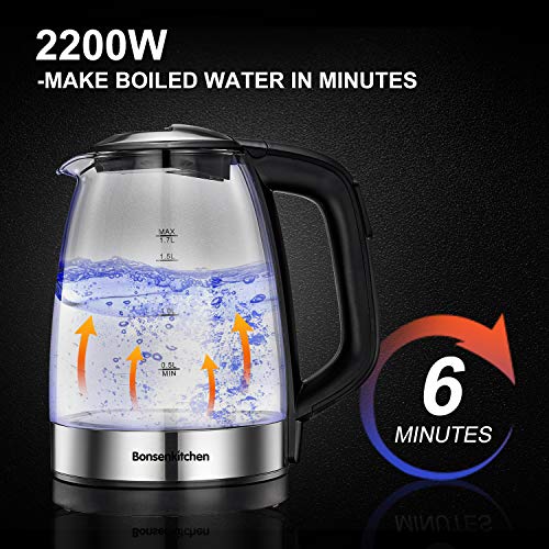 Bonsenkitchen Hervidor de Agua Eléctrico, Hervidor de Cristal con Control de Temperatura y Función de Mantener Caliente, Tetera con Sistema de Protección Contra Quemaduras en Seco, sin BPA(1.7L/2200W)