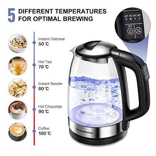 Bonsenkitchen Hervidor de Agua Eléctrico, Hervidor de Cristal con Control de Temperatura y Función de Mantener Caliente, Tetera con Sistema de Protección Contra Quemaduras en Seco, sin BPA(1.7L/2200W)