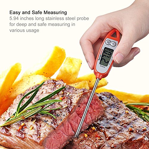 Bonsenkitchen Termómetro Digital de Cocina para Carne Barbacoa Comida Liquidos Aceite, Termometro Alimentos con Pantalla LCD para Lectura Instantánea, Sonda Larga, °C/°F Conmutable, Rojo ST8730