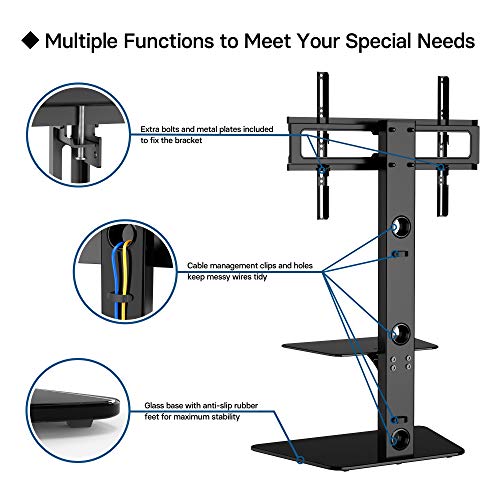 BONTEC Soporte de Suelo para TV con 2 estantes de Vidrio Templado para Pantallas LCD de 30 a 65 LED, LCD, Plasma, Curvas, Altura Ajustable, VESA 600 x 400 mm hasta 40 kg