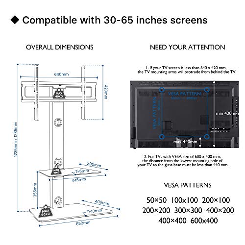 BONTEC Soporte de Suelo para TV con 2 estantes de Vidrio Templado para Pantallas LCD de 30 a 65 LED, LCD, Plasma, Curvas, Altura Ajustable, VESA 600 x 400 mm hasta 40 kg