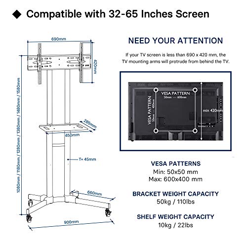 BONTEC Soporte TV Ruedas para Pantallas de 32"-65" Plasma/LCD/LED, Soporte TV Suelo con Bandeja, Trolley de exhibición para exhibición en el hogar con Ruedas giratorias