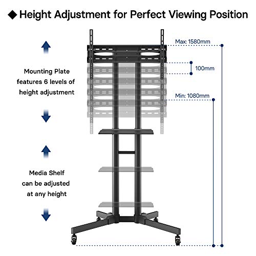 BONTEC Soporte TV Ruedas para Pantallas de 32"-65" Plasma/LCD/LED, Soporte TV Suelo con Bandeja, Trolley de exhibición para exhibición en el hogar con Ruedas giratorias