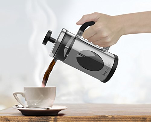 bonVIVO GAZETARO I Cafetera Francesa (French Press) y Prensa Francesa de Embolo Fabricada con Acero Inoxidable - Cafetera Filtro con Acabado en Plata con Filtros, tamaño: 0.35 L / 350ml