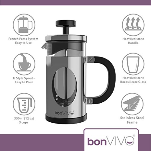 bonVIVO GAZETARO I Cafetera Francesa (French Press) y Prensa Francesa de Embolo Fabricada con Acero Inoxidable - Cafetera Filtro con Acabado en Plata con Filtros, tamaño: 0.35 L / 350ml