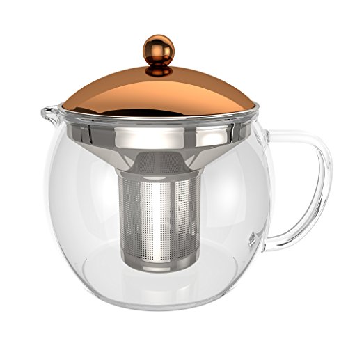 bonVIVO Infusor de Té TEMPA con Colador de Acero Inoxidable Extraíble, Tetera para Té de Hojas Sueltas, Tetera de Cristal de Borosilicato Resistente al Calor con Tapa Acabada en Cobre, 1500 ml