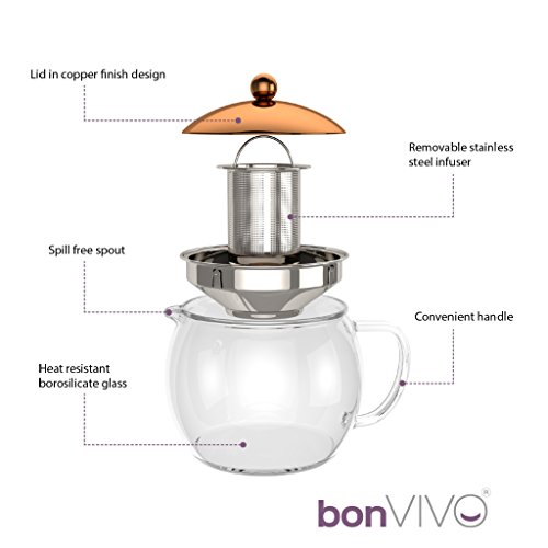 bonVIVO Infusor de Té TEMPA con Colador de Acero Inoxidable Extraíble, Tetera para Té de Hojas Sueltas, Tetera de Cristal de Borosilicato Resistente al Calor con Tapa Acabada en Cobre, 1500 ml