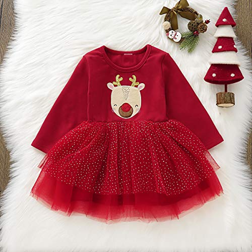 Borlai - Vestido tutú de Navidad para niñas de 1 a 4 años (Manga Larga), Color Rojo