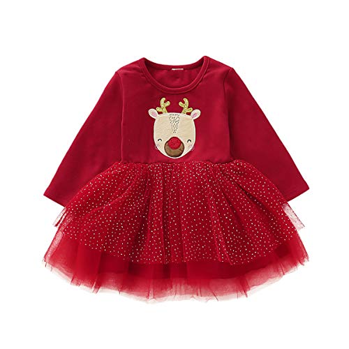 Borlai - Vestido tutú de Navidad para niñas de 1 a 4 años (Manga Larga), Color Rojo