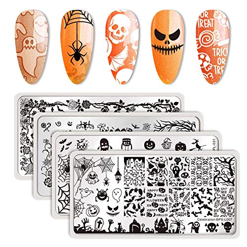 Born Pretty Plantilla de estampación para uñas, de la marca Born Pretty, con diseño de calabazas, fantasmas y murciélagos de Halloween, ideal para bricolaje y manicura (kit-1)