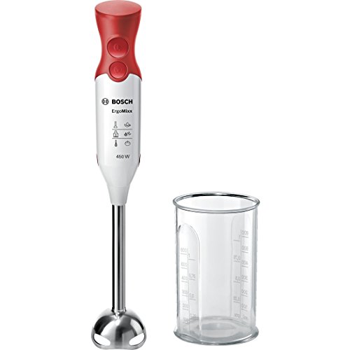 Bosch ErgoMixx MSM64110 - Batidora de mano, 450 W, velocidad Turbo, cúpula con cuatro cuchillas, con vaso de mezclas, color rojo y gris