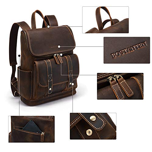 BOSTANTEN Mochila de Cuero Genuino de los Hombres Mochila de Piel de 15.6 Pulgadas Mochila para portátil la Vintage Retro Bolsa de Viaje Gran Mochila Caual Café