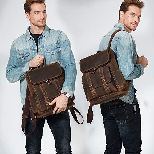 BOSTANTEN Mochila de Cuero Genuino de los Hombres Mochila de Piel de 15.6 Pulgadas Mochila para portátil la Vintage Retro Bolsa de Viaje Gran Mochila Caual Café