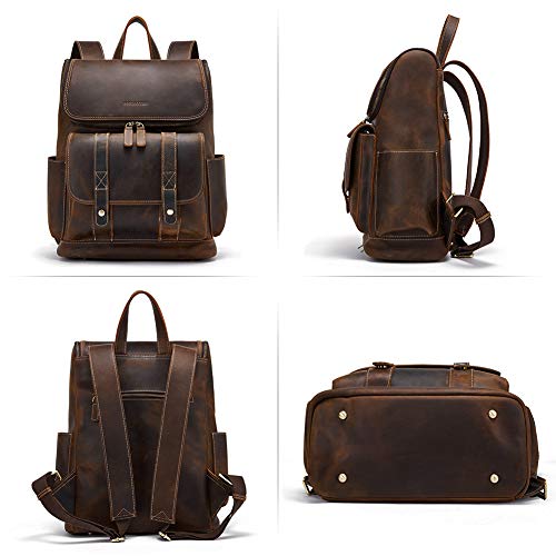 BOSTANTEN Mochila de Cuero Genuino de los Hombres Mochila de Piel de 15.6 Pulgadas Mochila para portátil la Vintage Retro Bolsa de Viaje Gran Mochila Caual Café